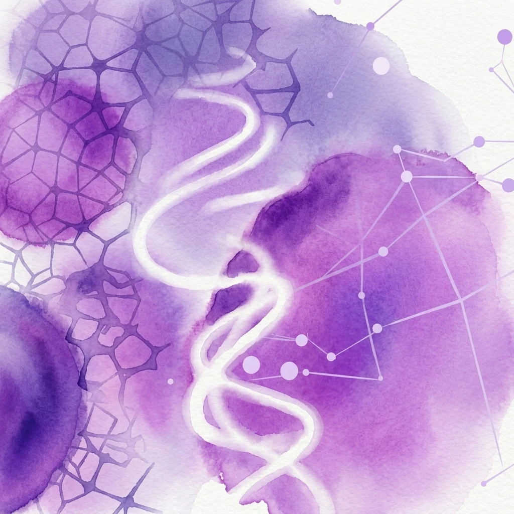 Abstract paars aquarelkunstwerk met een DNA-dubbele helix, netwerkpatronen en cellulaire structuren, dat medische technologie en innovatie in de levenswetenschappen vertegenwoordigt.