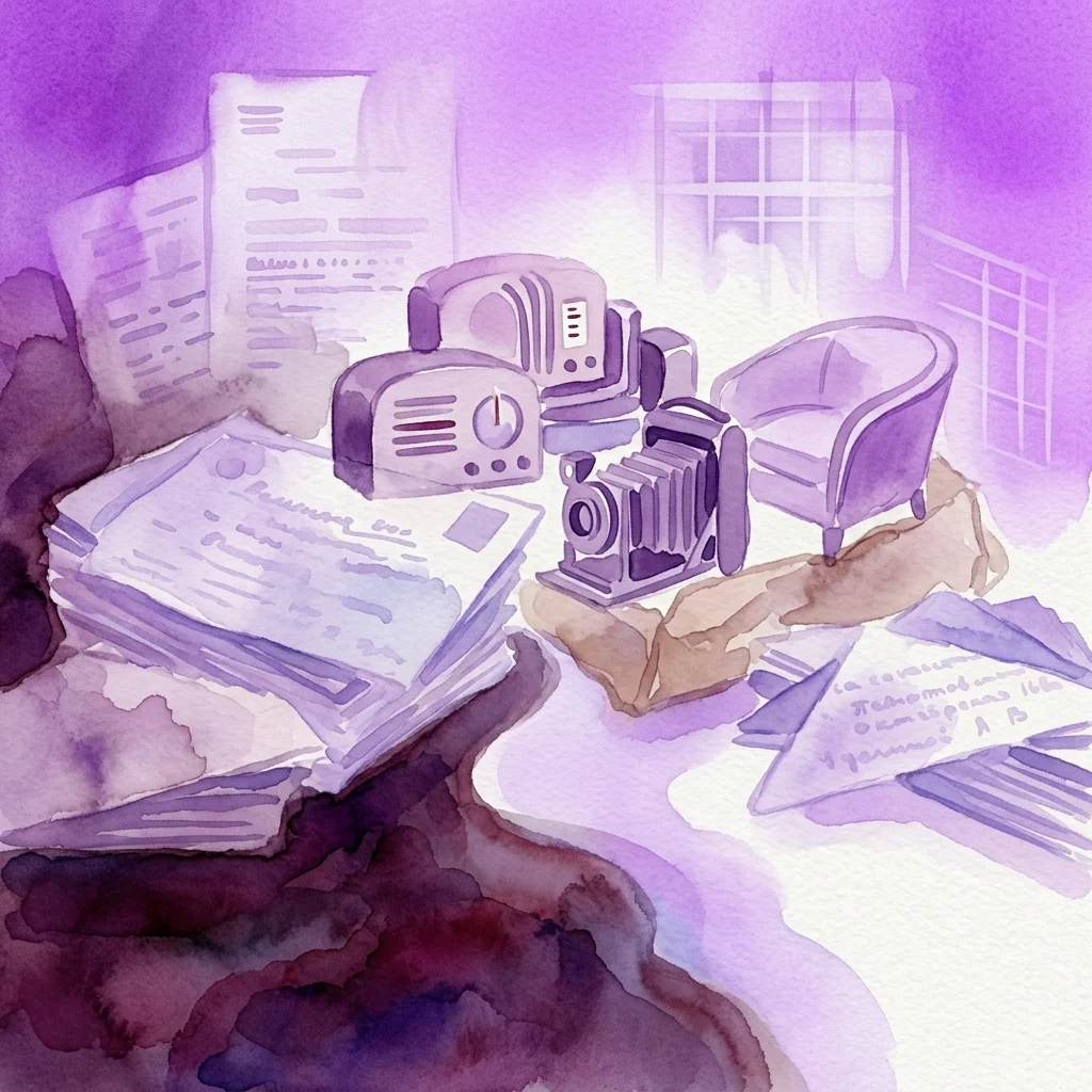 Ilustración en acuarela de artículos domésticos de los años 30, como radios, una cámara y muebles, dispuestos para simbolizar la apropiación forzada y la recuperación de posesiones de personas perseguidas durante la era nazi.
