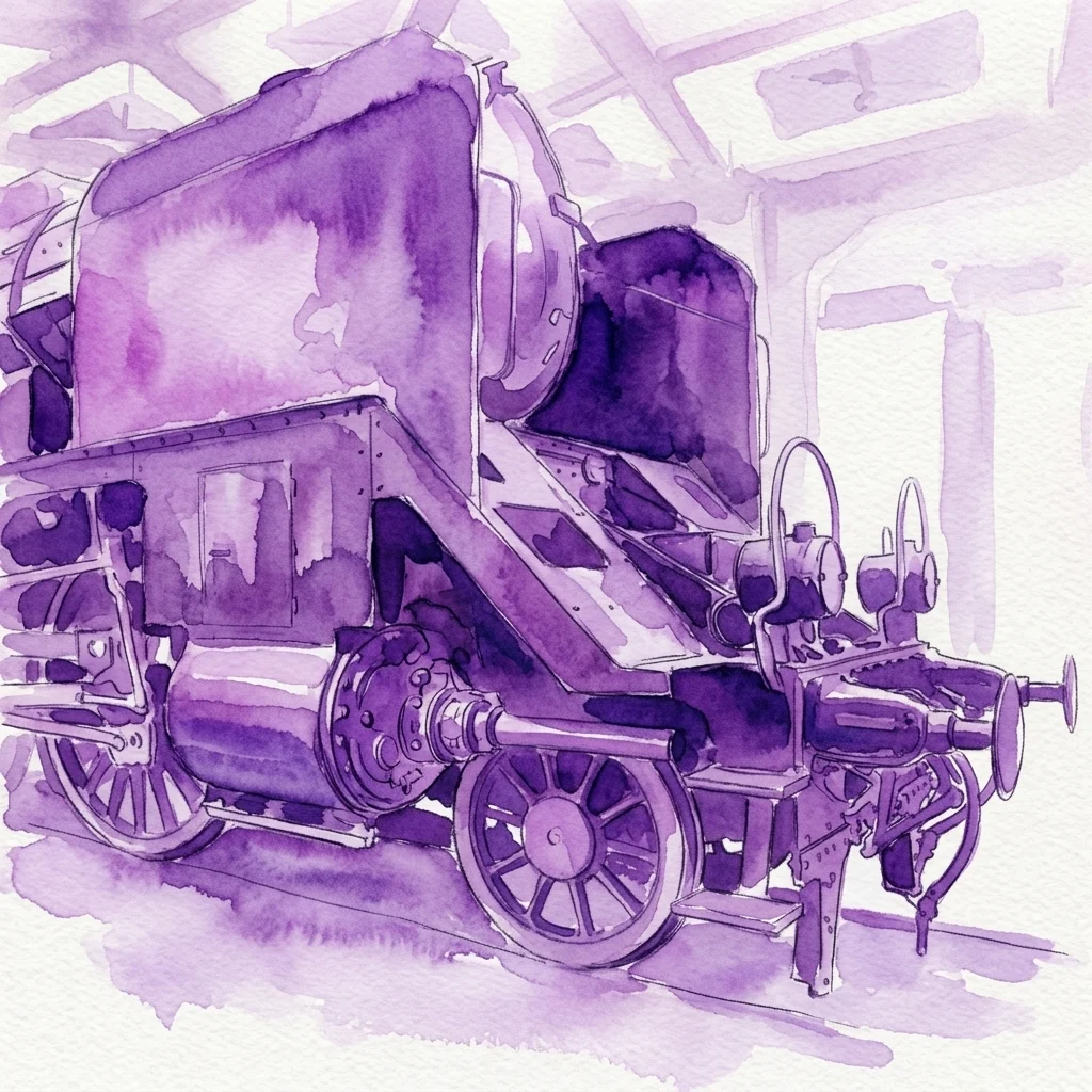 Ilustracja akwarelowa zabytkowej lokomotywy parowej w odcieniach fioletu, prezentująca skomplikowane detale mechaniczne i wzornictwo przemysłowe, część wystawy Locomotive Adventure.