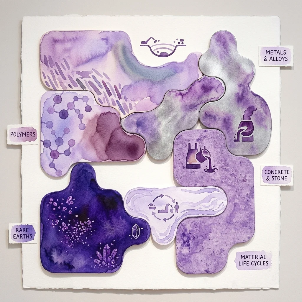 Una vibrante y artística exhibición de secciones interconectadas a modo de rompecabezas en tonos púrpuras, que representan diferentes materiales como polímeros, tierras raras, metales y aleaciones, hormigón y piedra, y ciclos de vida de materiales, parte de la exposición Material Worlds.