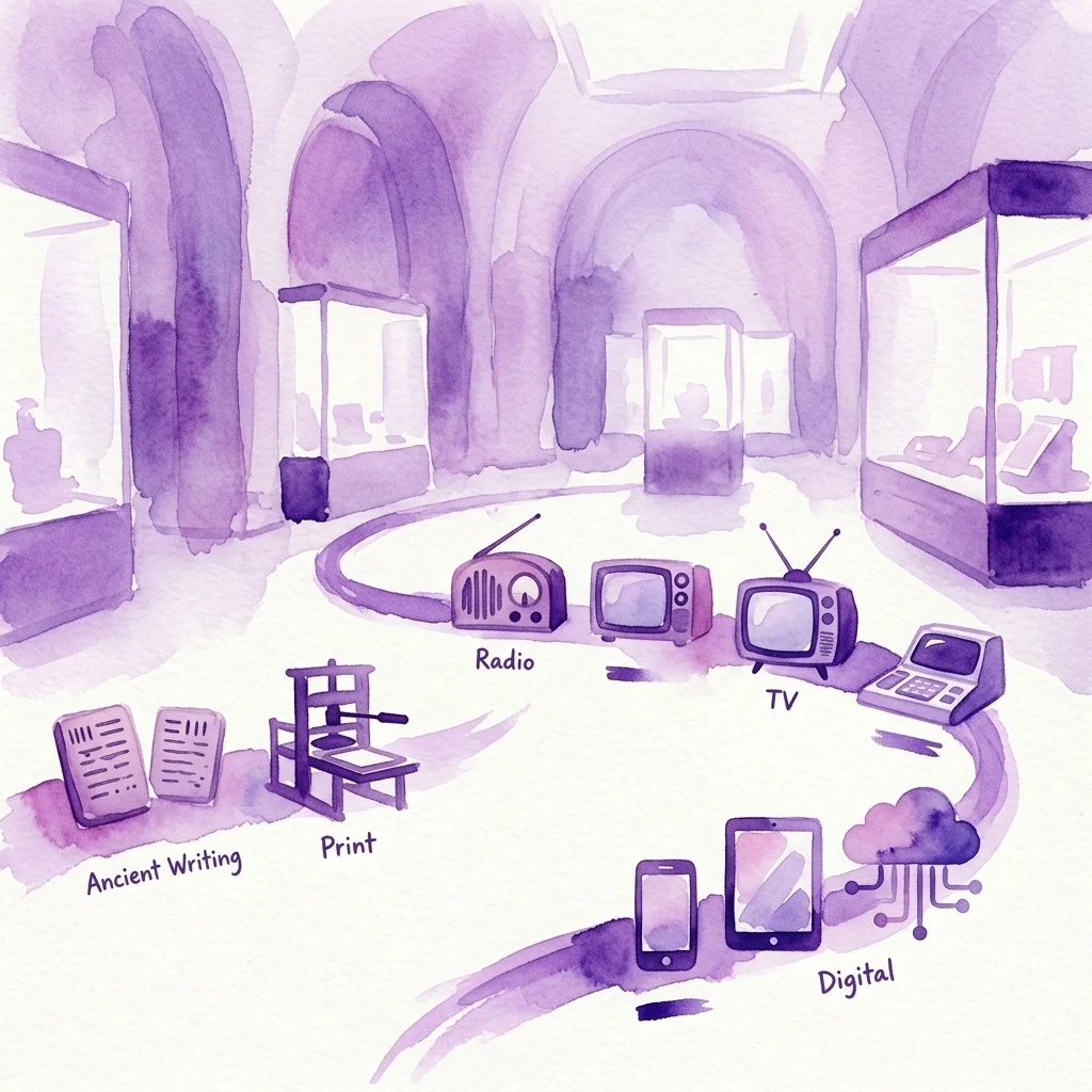 Een aquarelillustratie van de tentoonstelling 'Media Worlds', die een tijdlijn toont van de evolutie van media, van oude geschriften en drukwerk tot radio, tv en digitale apparaten, tentoongesteld in een museumgalerij met gewelfde plafonds en vitrines.