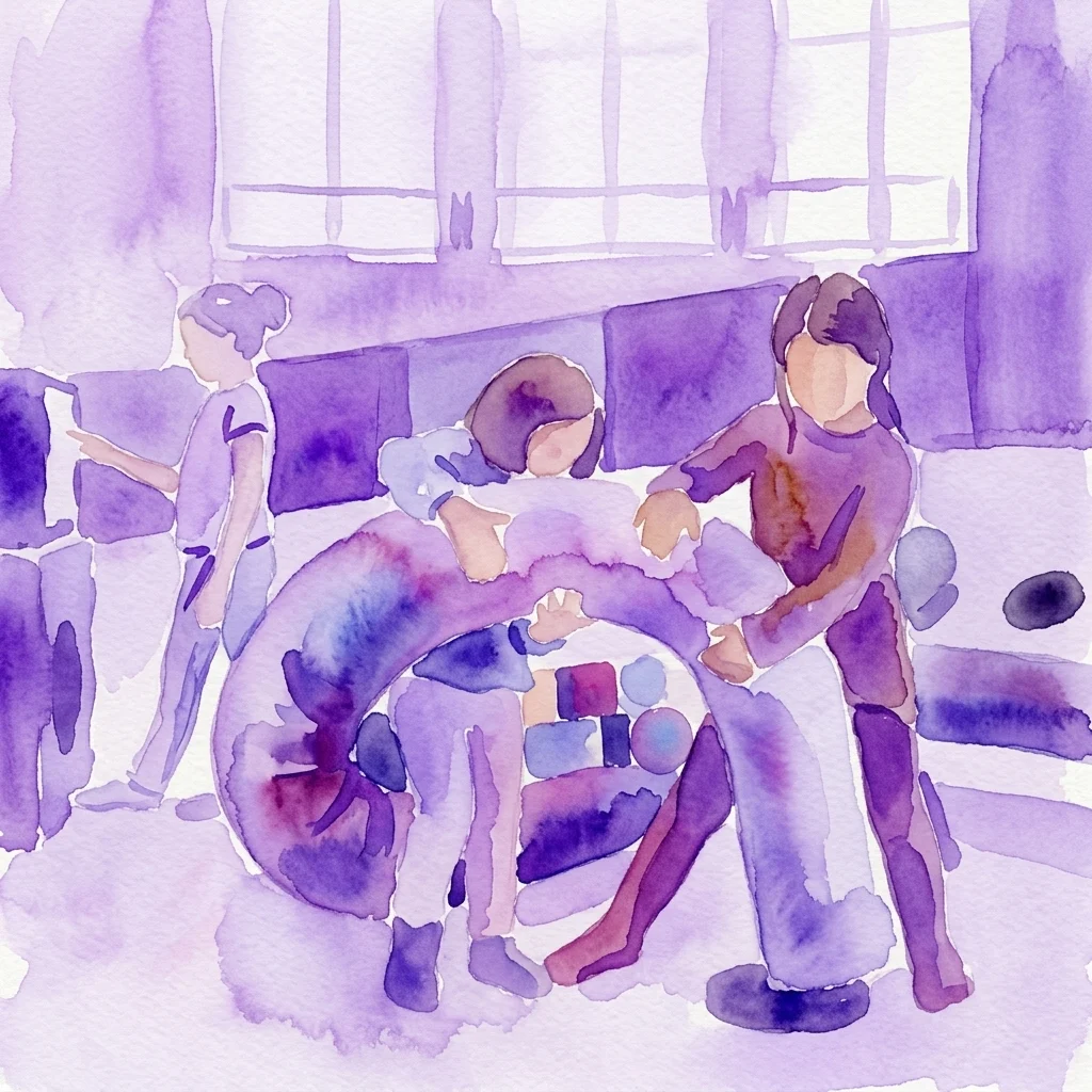Ilustración en acuarela de niños participando en exhibiciones prácticas de STEM en miniXplore, una exhibición interactiva y lúdica para niños de 3 a 8 años en el Technisches Museum Wien.