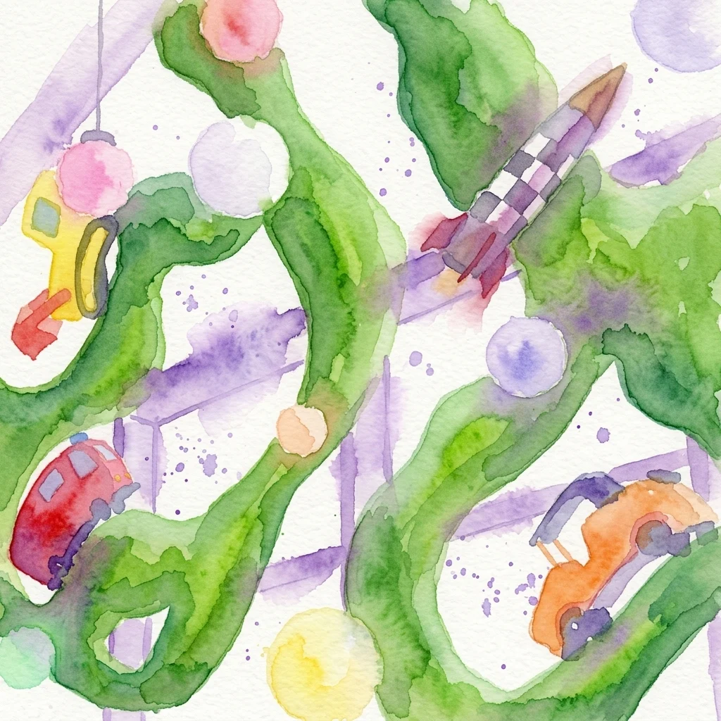 Ilustración en acuarela de una exhibición lúdica de un museo infantil con elementos coloridos, que incluyen un cohete, coches y formas abstractas, diseñada para que los jóvenes exploradores interactúen.