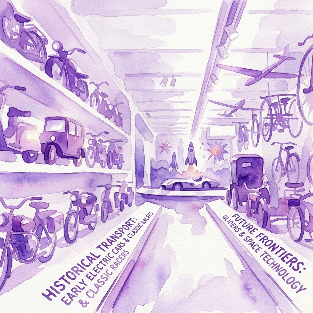 Ilustración en acuarela de una exposición de museo sobre movilidad, que presenta transporte histórico como los primeros coches eléctricos y bólidos clásicos a la izquierda, y fronteras futuras que incluyen planeadores y tecnología espacial a la derecha.