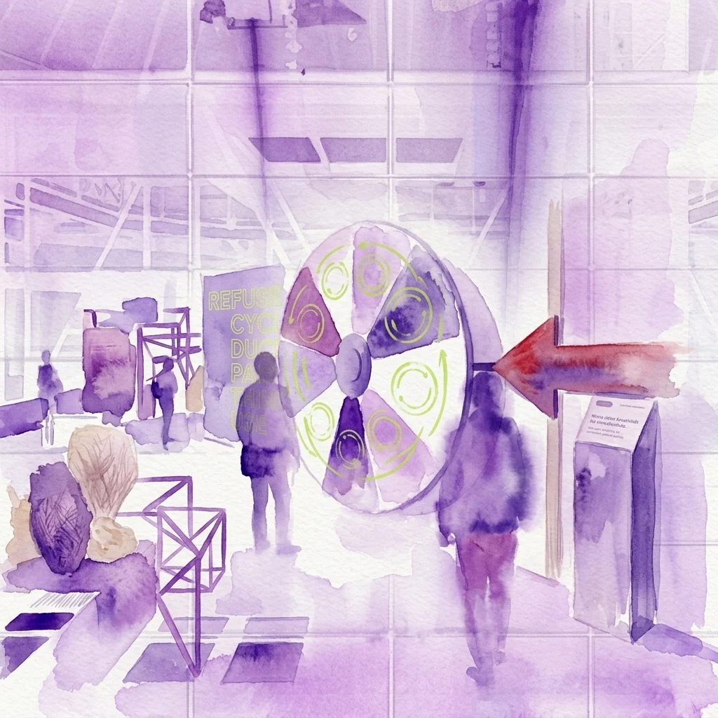 Ilustracja akwarelowa wystawy 'More than Recycling' w Technisches Museum Wien, przedstawiająca duży okrągły diagram z zasadami zrównoważonego rozwoju i zwiedzających poznających interaktywne wystawy.