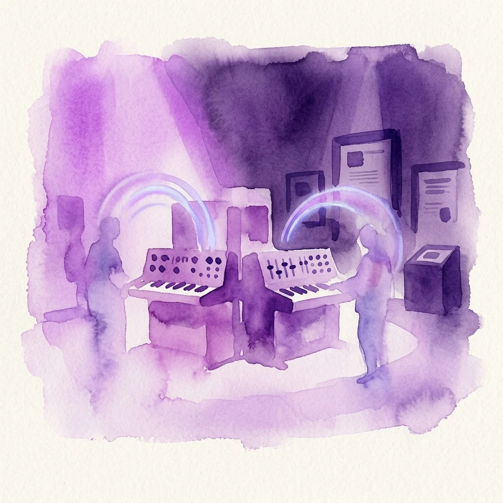 Ilustración en acuarela de la exposición Music Lounge en el Technisches Museum Wien, con sintetizadores vintage, instalaciones de sonido interactivas y siluetas de visitantes en un entorno moderno y nostálgico.