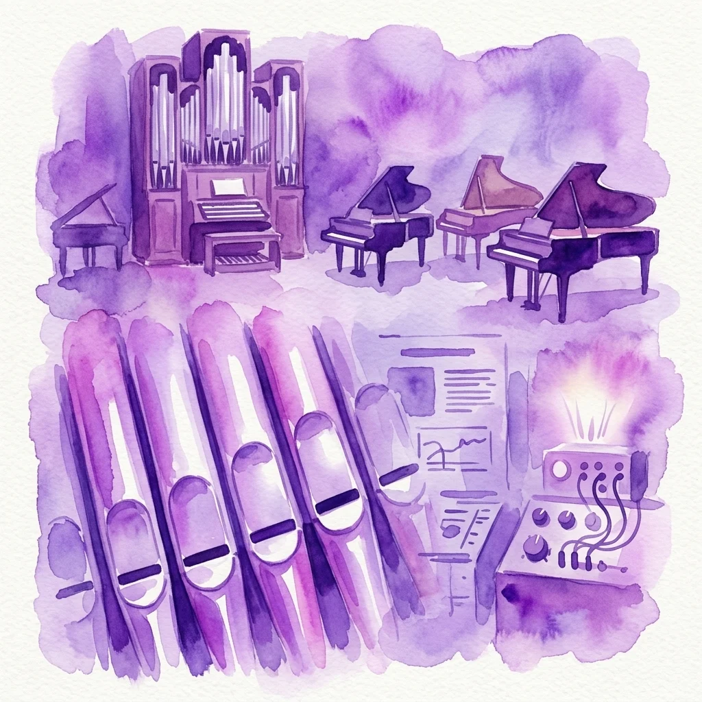 Ilustración en acuarela de una exposición de museo con instrumentos musicales históricos, incluidos pianos de cola, un órgano y sintetizadores electrónicos tempranos, con pantallas de sonido interactivas.