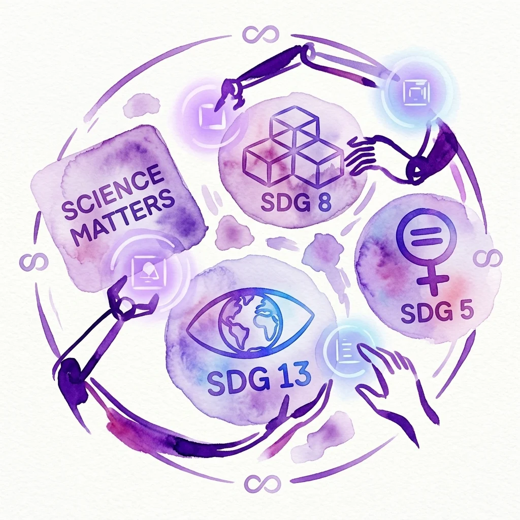Een aquarelillustratie van de tentoonstelling Science Matters in het Technisches Museum Wien, met robotarmen die interageren met iconen voor SDG 8, SDG 5 en SDG 13, wat de samenwerking tussen mens en machine bij duurzame ontwikkeling weergeeft.