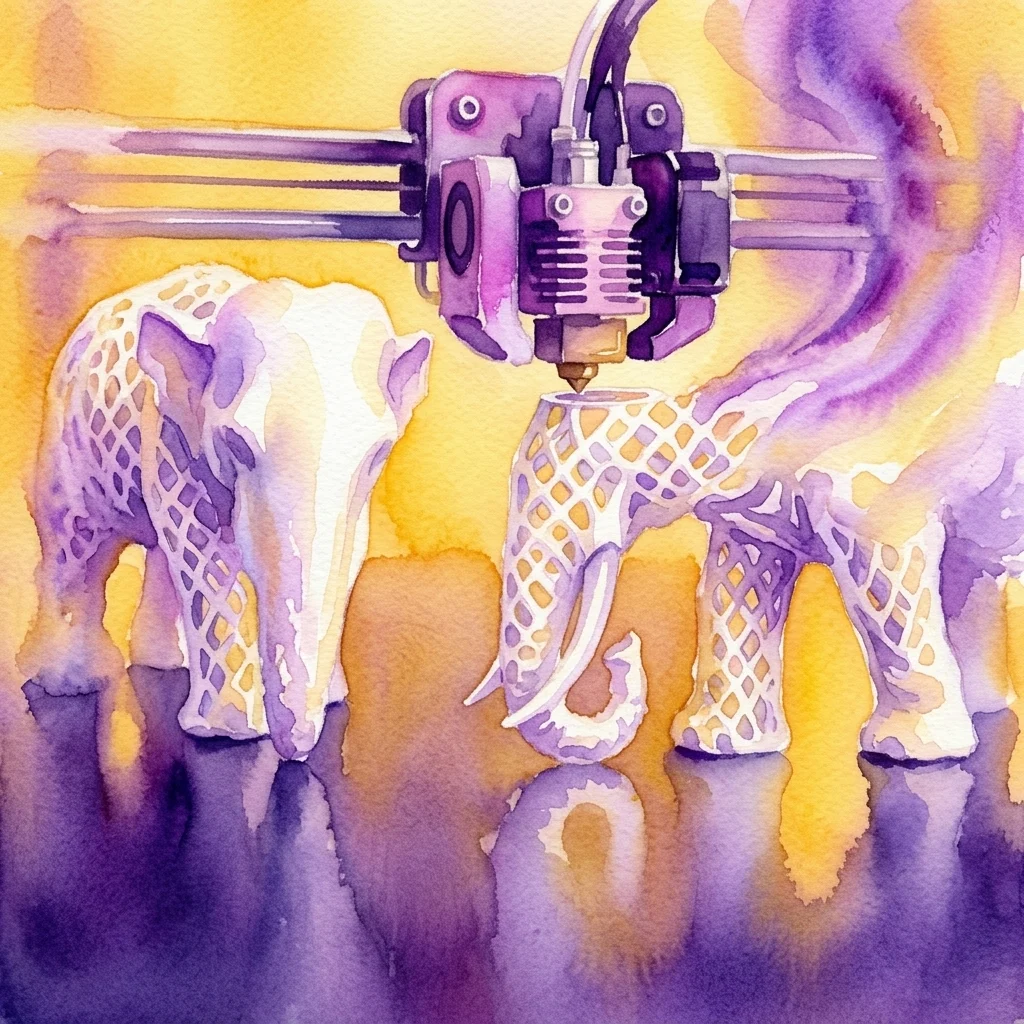 Een aquarelillustratie van een 3D-printer die een olifant met een rasterstructuur maakt, met levendige paarse en gele tinten die geavanceerde 3D-printtechnologie demonstreren.