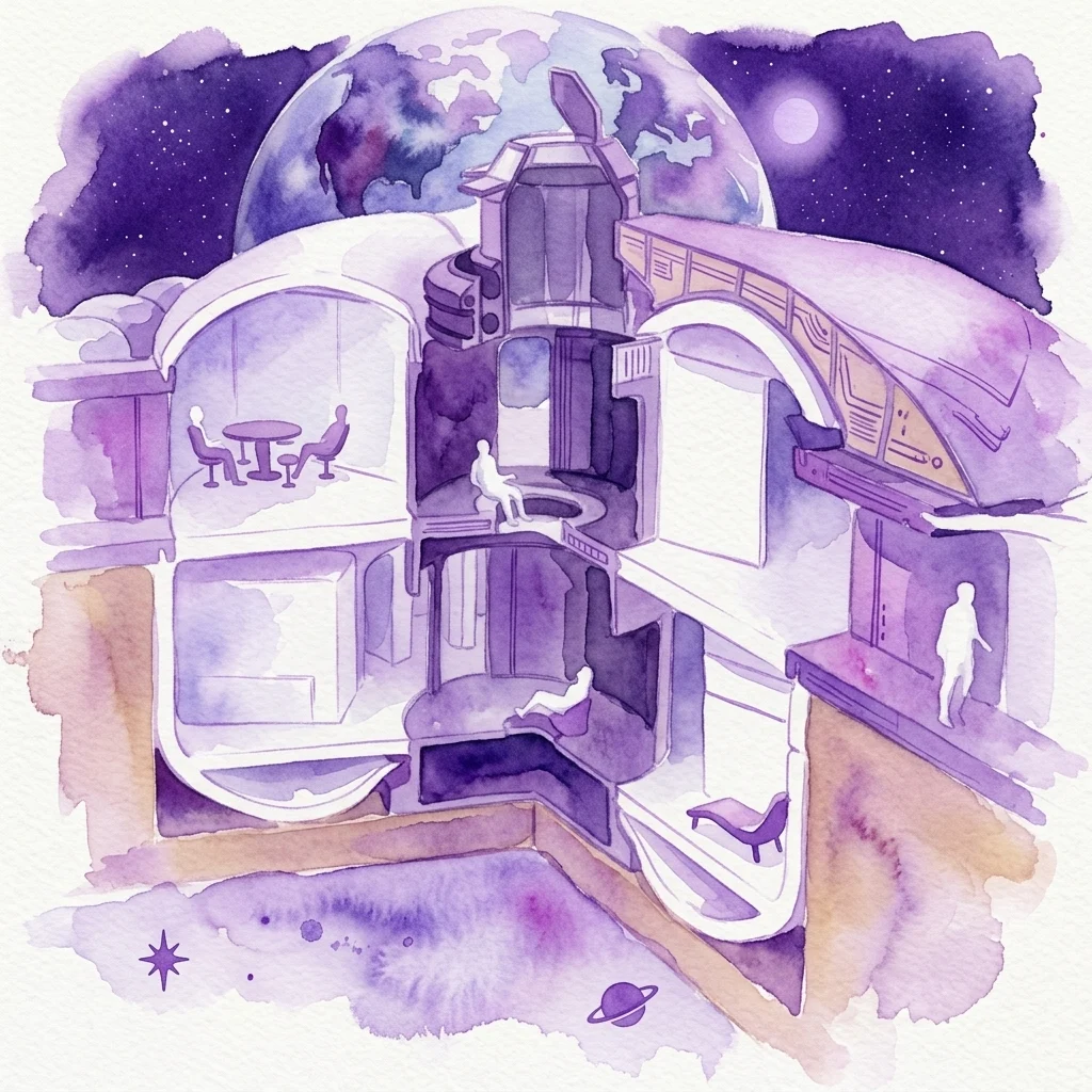 Ilustración en acuarela del interior de un hábitat espacial futurista con vistas en corte que muestran áreas de estar, grandes ventanales con vista a la Tierra y muebles minimalistas, representando conceptos de arquitectura espacial y vida en el espacio.