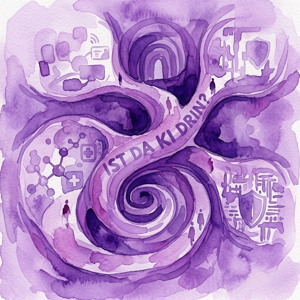A purple watercolor illustration of a winding rabbit hole with branching corridors, featuring icons for AI, healthcare, and data protection, with the text 'IST DA KLDRIN?'