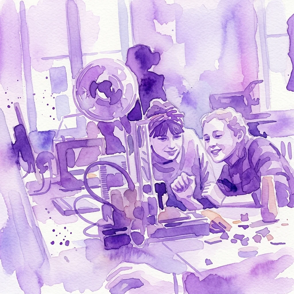 Ilustración en acuarela de dos personas trabajando juntas en una mesa con una impresora 3D y materiales de manualidades en un espacio de creación.