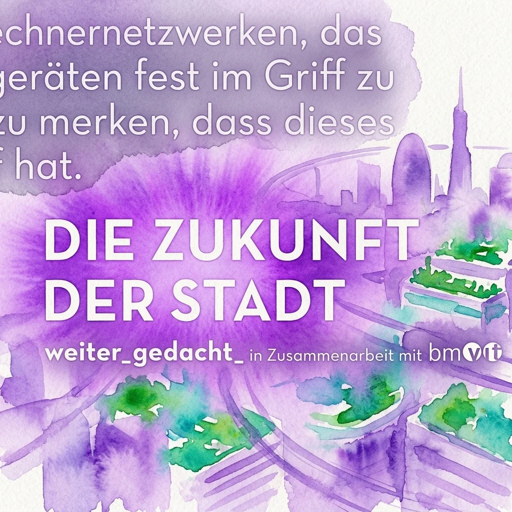Watercolor illustration of a futuristic cityscape with purple and green hues, featuring modern buildings, green spaces, and transportation networks, promoting the exhibition 'Die Zukunft der Stadt' at the Technisches Museum Vienna.