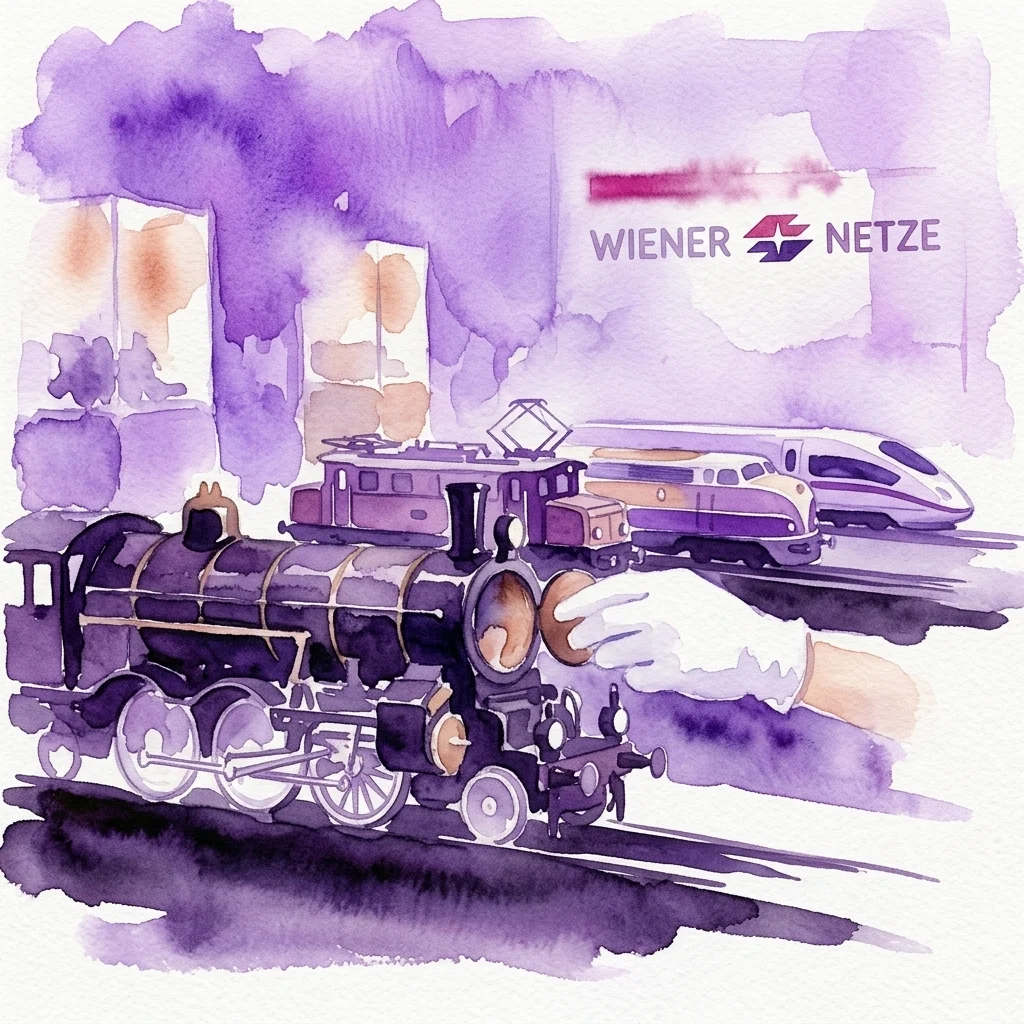 Ilustracja akwarelowa historycznych modeli kolei, w tym lokomotywy parowej i nowoczesnych pociągów, z logo Wiener Netze, promująca wystawę 'Pod urokiem kolei'.