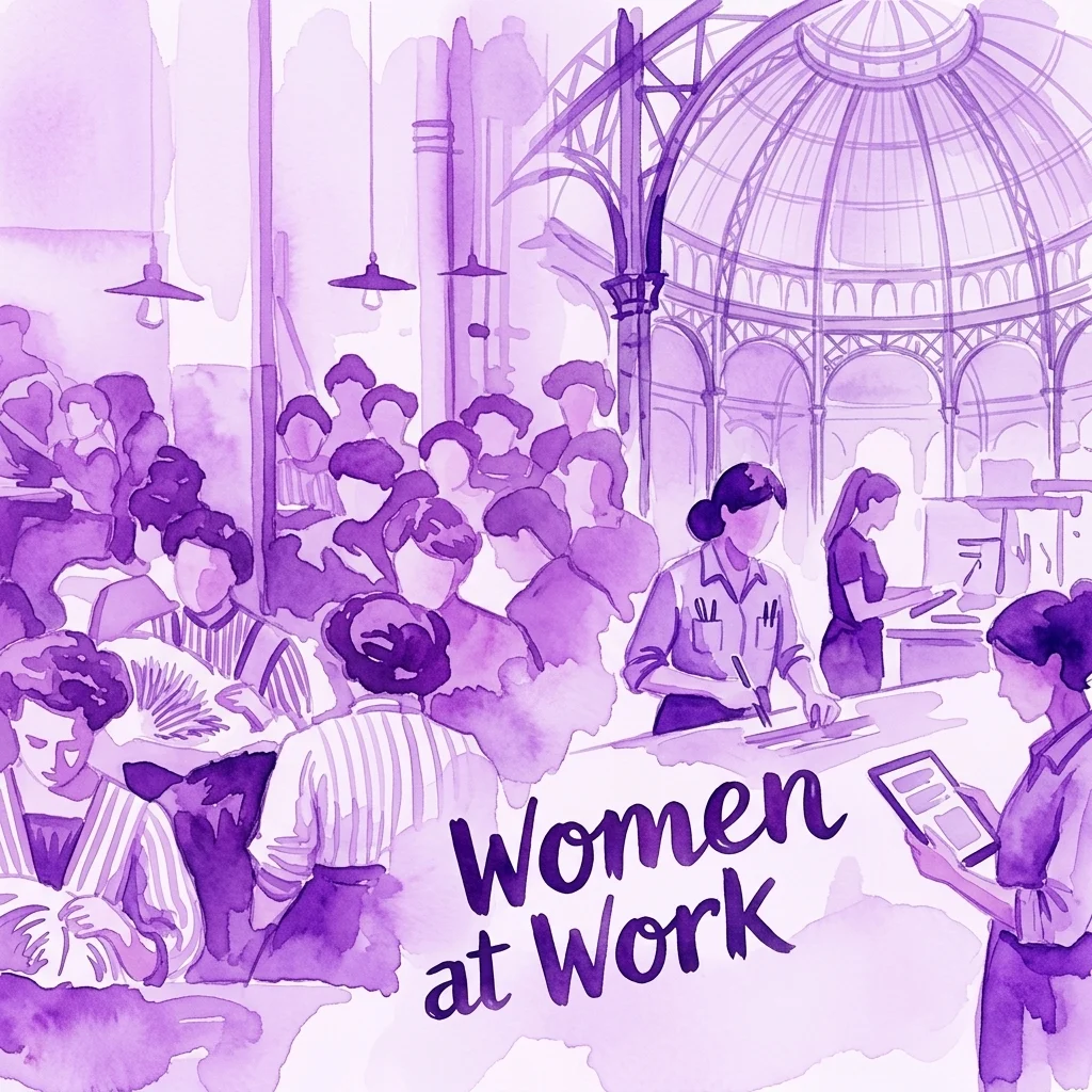 Una ilustración de acuarela morada que representa a mujeres en entornos de trabajo históricos y modernos, incluido un gran salón abovedado que recuerda a la Feria Mundial de Viena de 1873, con el texto 'Women at Work' prominentemente mostrado.
