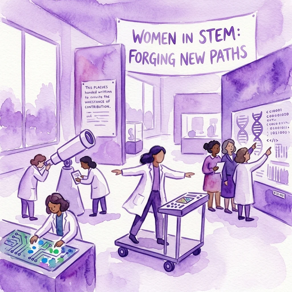 Ilustración de la exposición Women's Gallery en un museo, con diversas mujeres con batas de laboratorio participando en actividades científicas como el uso de un telescopio, el análisis de circuitos y la discusión de ADN y código, bajo un cartel que dice 'Women in STEM: Forging New Paths'.