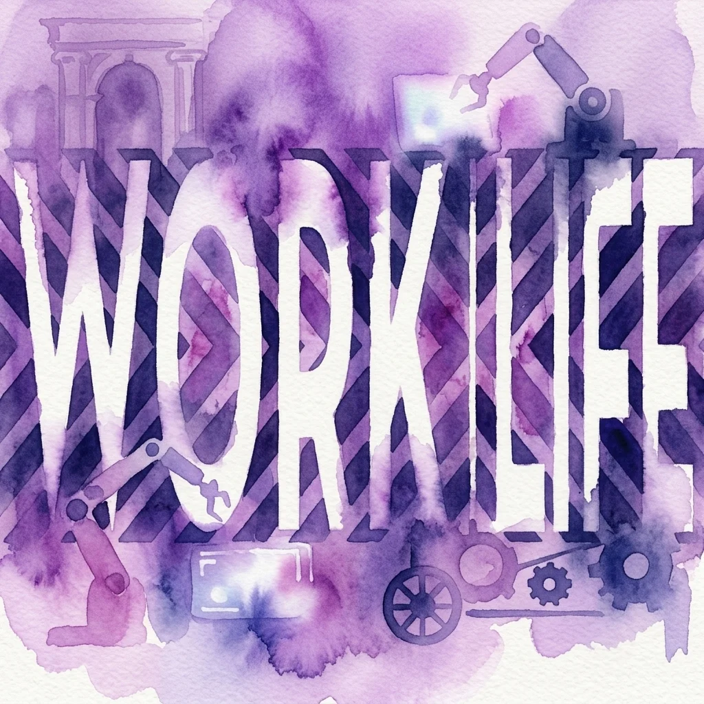 Ilustración en acuarela de la palabra 'WORKLIFE' en letras blancas negritas, rodeada de brazos robóticos, engranajes y maquinaria industrial sobre un fondo de rayas moradas y negras.