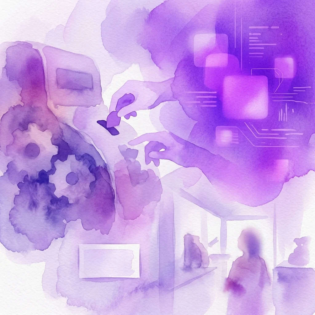 Een paarse aquarelillustratie die handen weergeeft die interageren met industriële tandwielen en digitale interfaces, wat de evolutie van werk in een museumgalerij voorstelt.