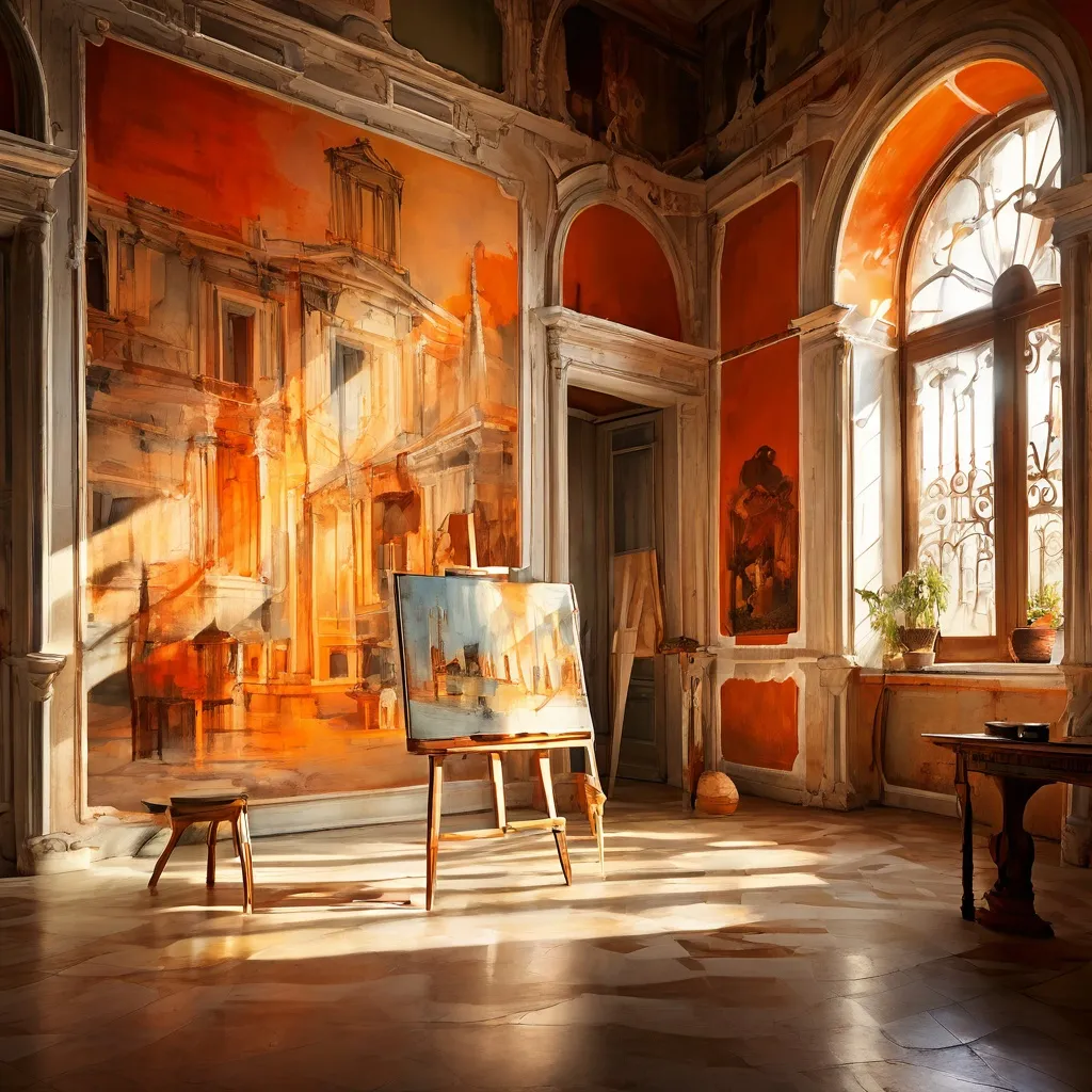 A conceptual installation view of David Salle's hybrid paintings featuring a mix of historical and digital art styles at a Venetian gallery.