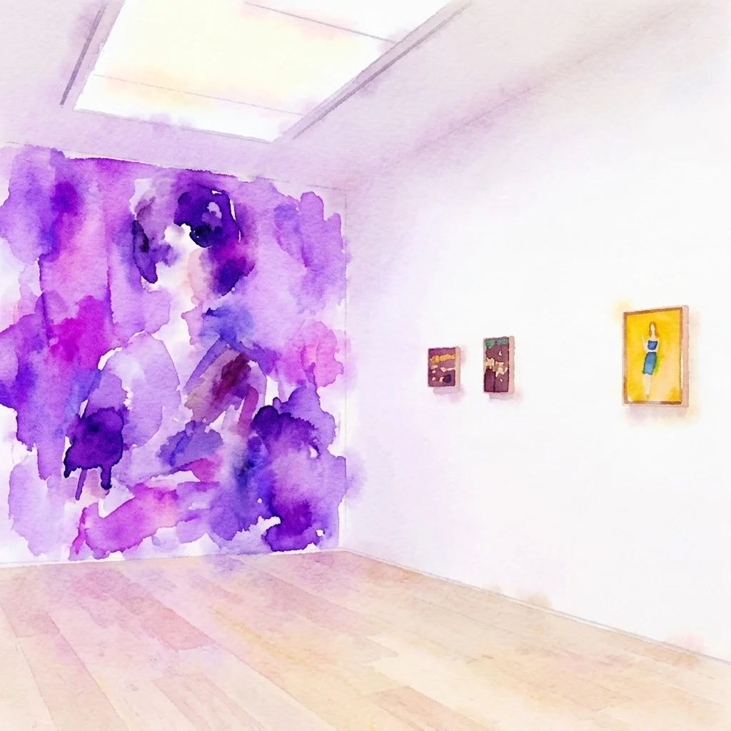 Gallery interior view of the Alex Katz: Studies exhibition featuring a large purple abstract wall painting and three smaller framed portraits on white walls.
