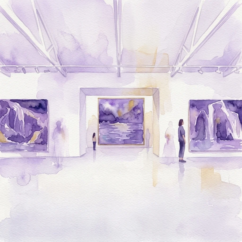 Aquarelillustratie van een licht galerij-interieur waar bezoekers naar grote, paars getinte landschapsschilderijen uit de Nymphäum-tentoonstelling van Anselm Kiefer kijken.