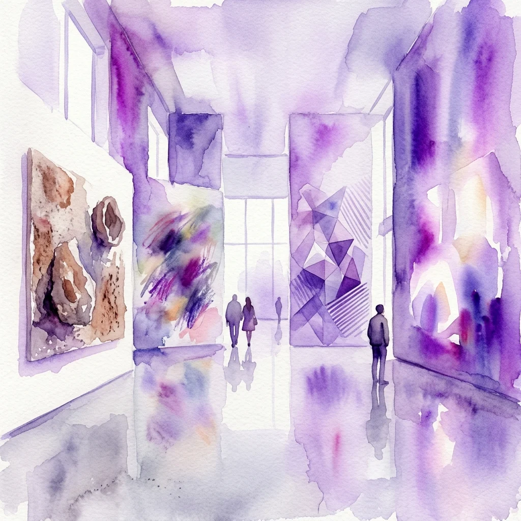 Aquarelillustratie van een modern kunstgalerie-interieur met grote abstracte kunstwerken en bezoekers die in een contemplatieve, paars verlichte ruimte rondkijken.