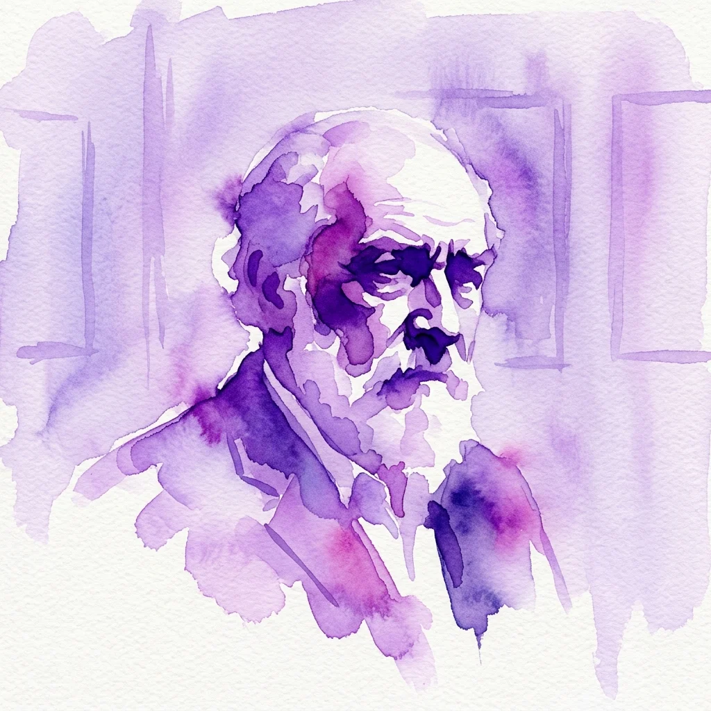 Paars aquarelportret van een man met een baard in een pak, met expressieve penseelstreken en abstracte achtergrondelementen op wit papier.
