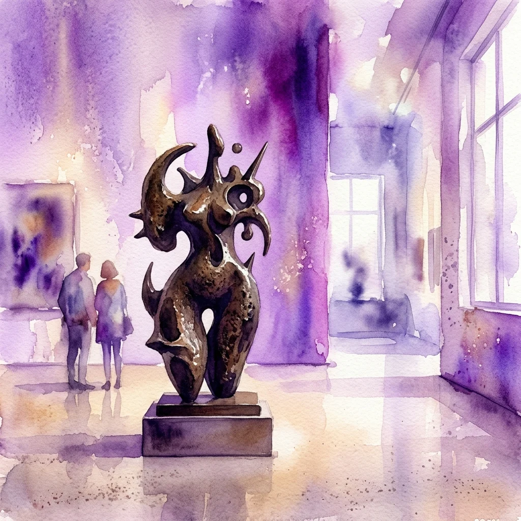 Aquarelillustratie van een bronzen sculptuur van Joan Miró met organische surrealistische vormen in een zonovergoten galerie, met op de achtergrond bezoekers die de kunst bewonderen.