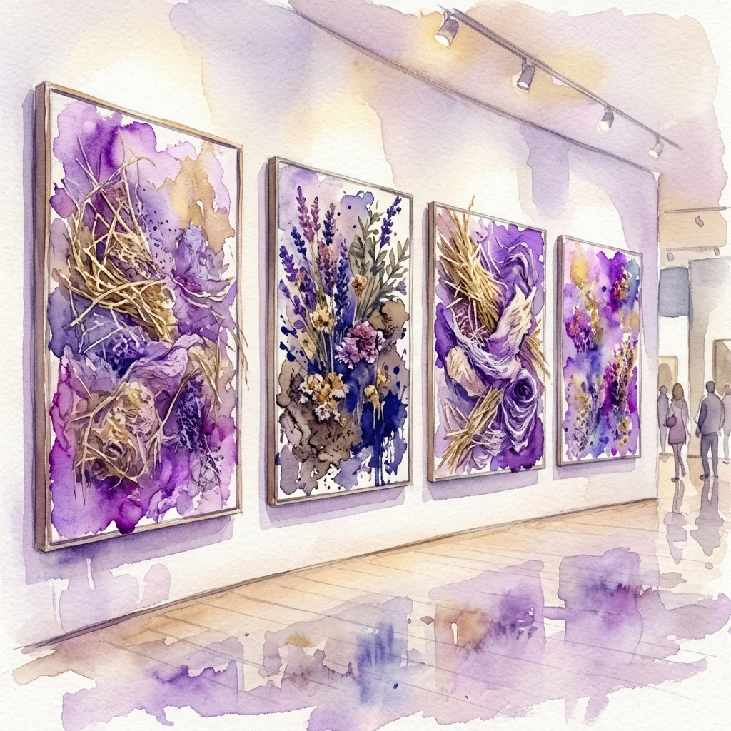 Aquarelillustratie van een galerijmuur met vier grote abstracte schilderijen in paarse tinten, stro en gedroogde bloemelementen.