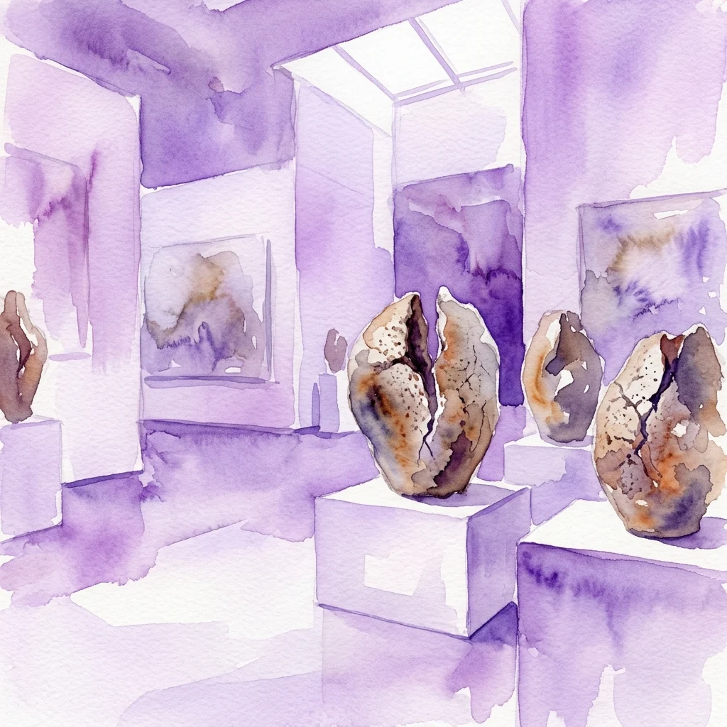 Aquarelillustratie van het interieur van de Leoncillo-tentoonstelling met getextureerde, gespleten kleisculpturen op witte sokkels in een paars getinte galerijruimte.