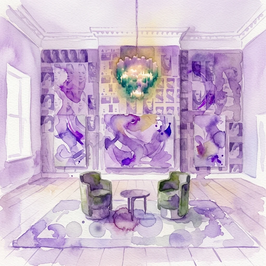 Aquarelillustratie van het interieur van de tentoonstelling Jewel Tones van Mandy El-Sayegh, met paarse gelaagde doeken, groene fauteuils en een stralende kroonluchter.
