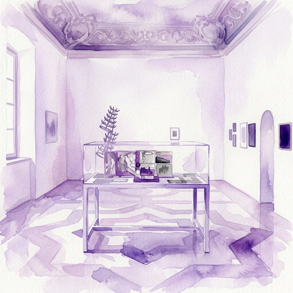 Een paarse aquarelillustratie van het interieur van een museumgalerie met een centrale glazen vitrine met readymade objecten en ingelijste kunstwerken aan de muren.
