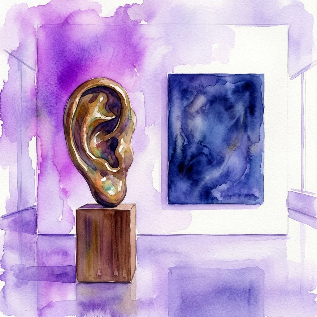 Aquarelillustratie van een galerieruimte met een groot bronzen oorsculptuur op een sokkel naast een donkerblauw abstract schilderij tegen paarse wassingen.