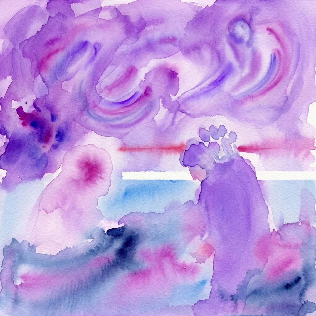 Abstract aquarel van Ali Banisadr met gelaagde, gebarende penseelstreken in paarse, roze en blauwe tinten die mythische vormen oproepen.