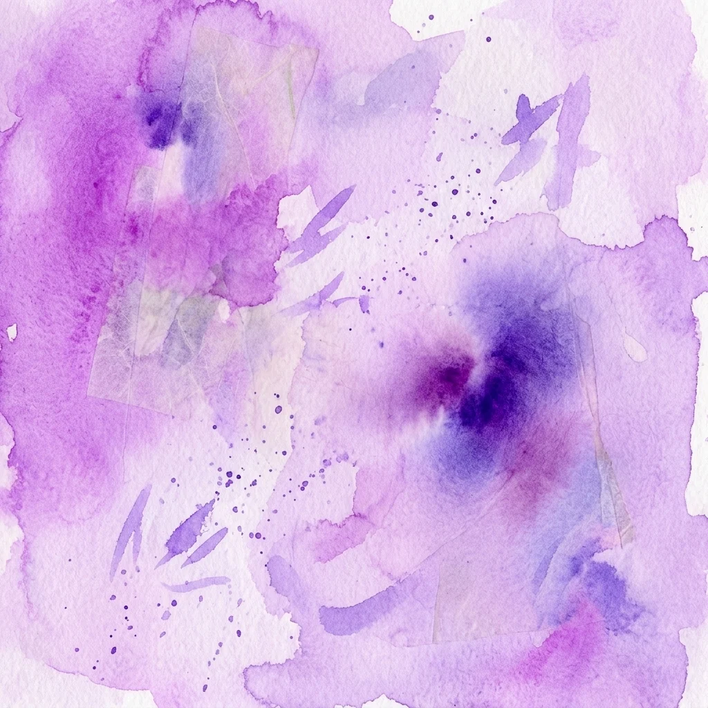 Primer plano de una pintura abstracta por capas con aguadas púrpuras, marcas dispersas y toques de elementos de collage en colores suaves y evocadores.