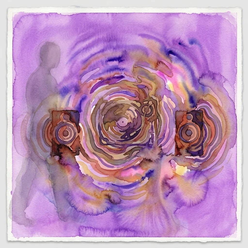 Abstract schilderij met wervelende paarse en aardetinten concentrische ringen die uit twee luidsprekerachtige vormen komen en geluidstrillingen visualiseren.