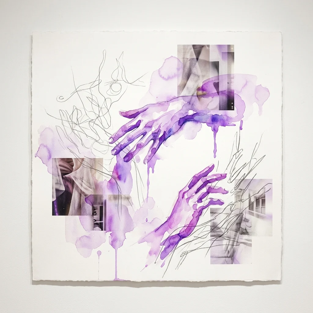 Mixed-media kunstwerk met twee handen geschilderd in druipende paarse aquarel, omringd door zwarte inktkrabbels en kleine fotografische collagefragmenten op wit papier.