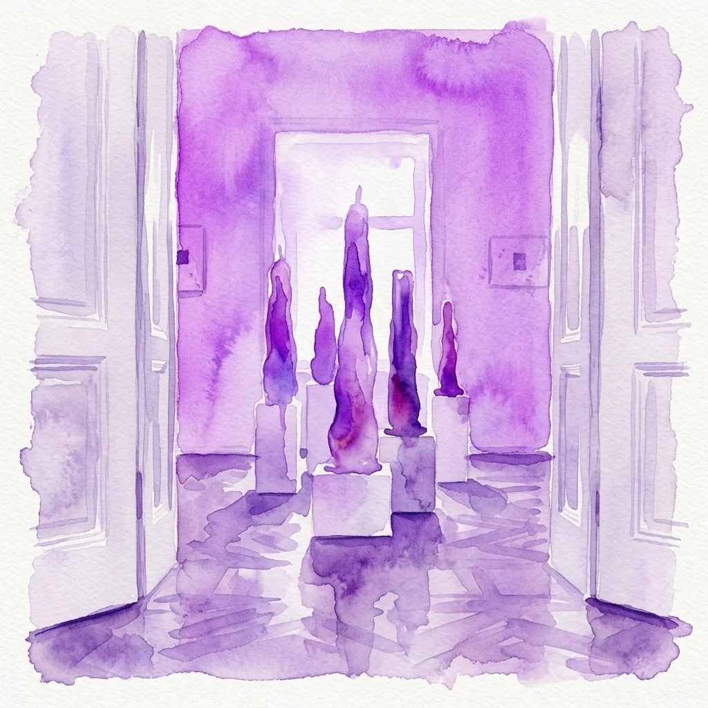 Aquarelillustratie met hoge, organische paarse sculpturen op sokkels in een galerieruimte, als voorstelling van de tentoonstelling Towers of Silence van Wolfgang Laib.