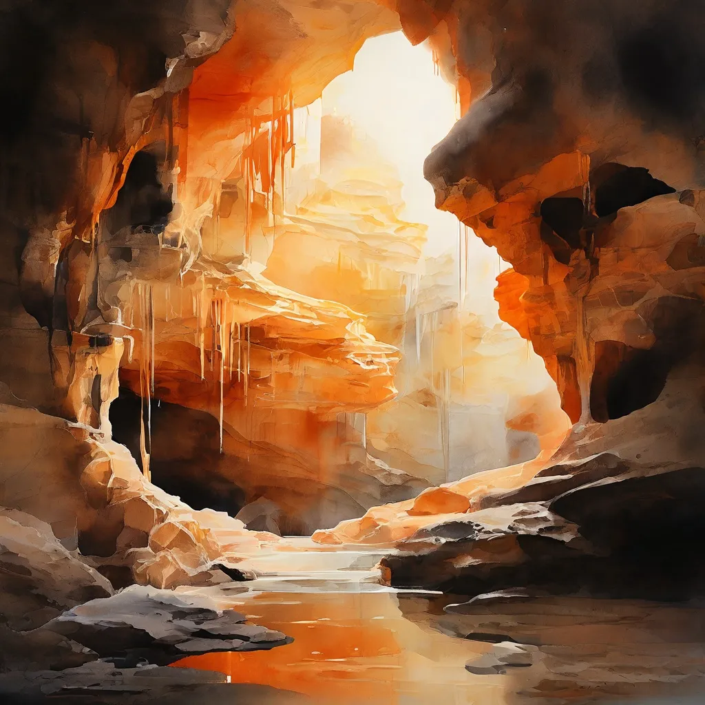 Abstract artistic visualization of Oliver Beer's Resonance Project installation within a cave setting.