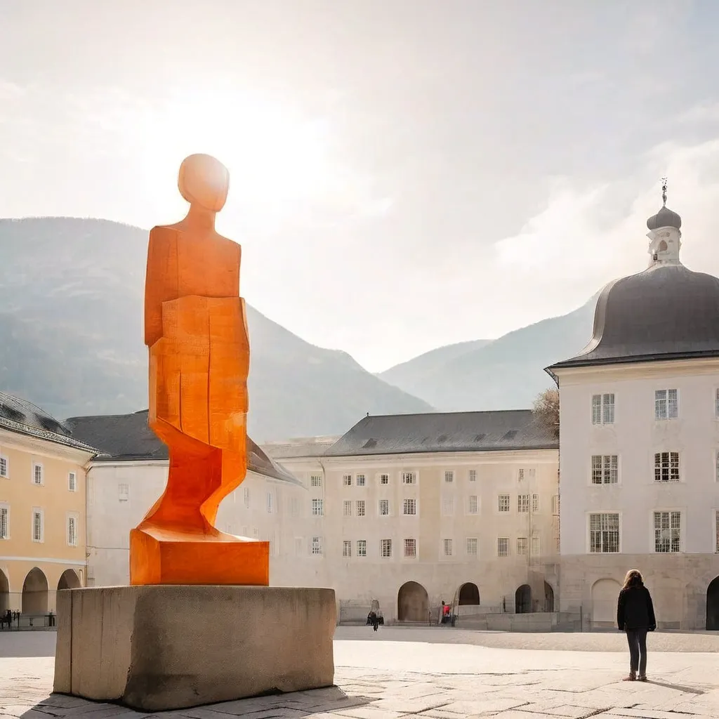 Una escultura de madera de Stephan Balkenhol frente a la arquitectura histórica de la Residencia de Salzburgo.