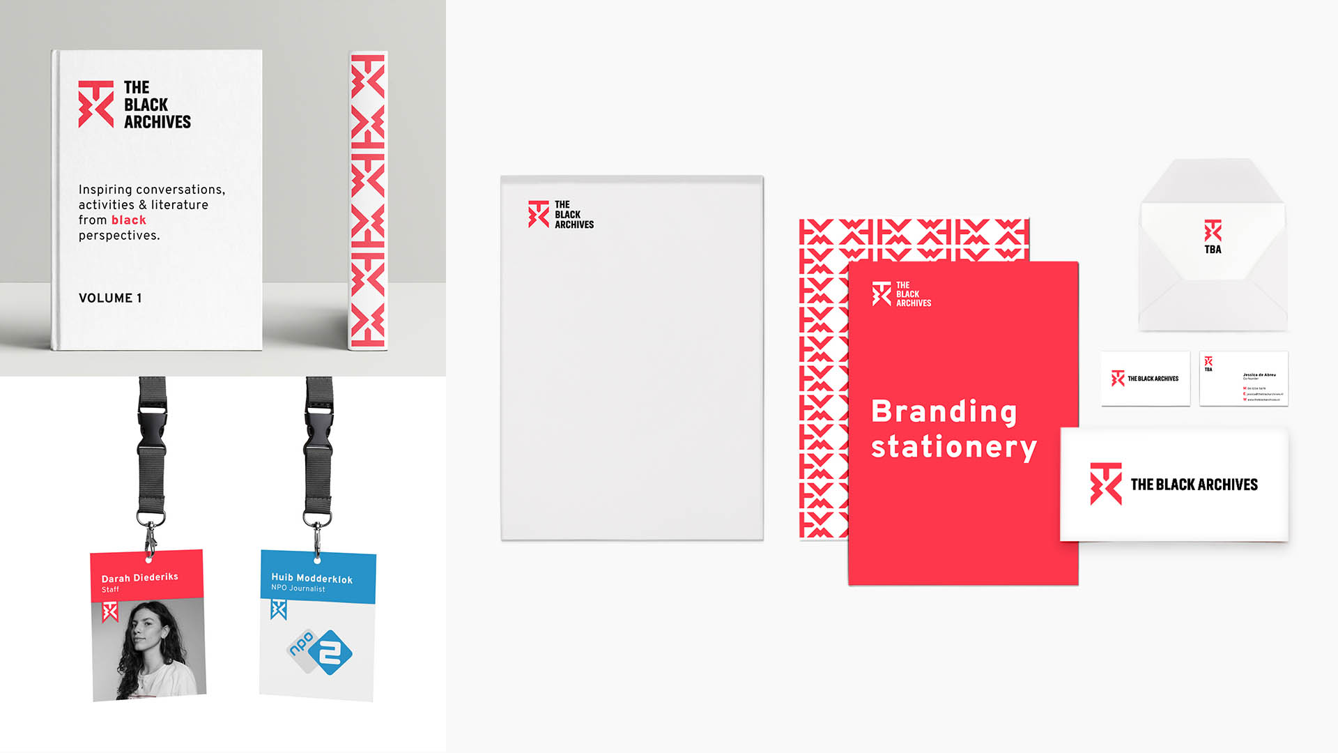 Materiały brandingowe The Black Archives, w tym wizytówki, koperty i okładka książki z czerwonymi wzorami w kształcie litery X i logo