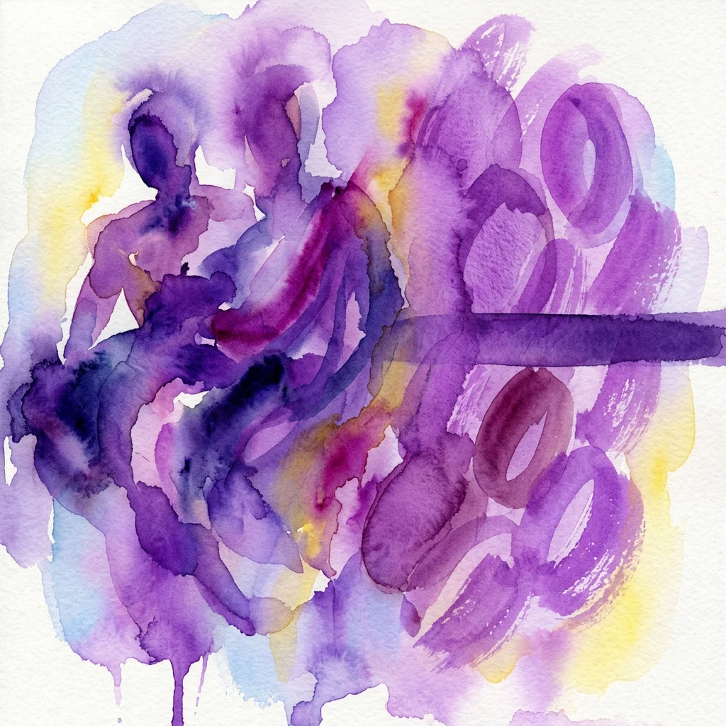 Obra de arte abstracta en acuarela en tonos morados, azules y amarillos con pinceladas expresivas y formas en capas, evocando temas de identidad y expresión.