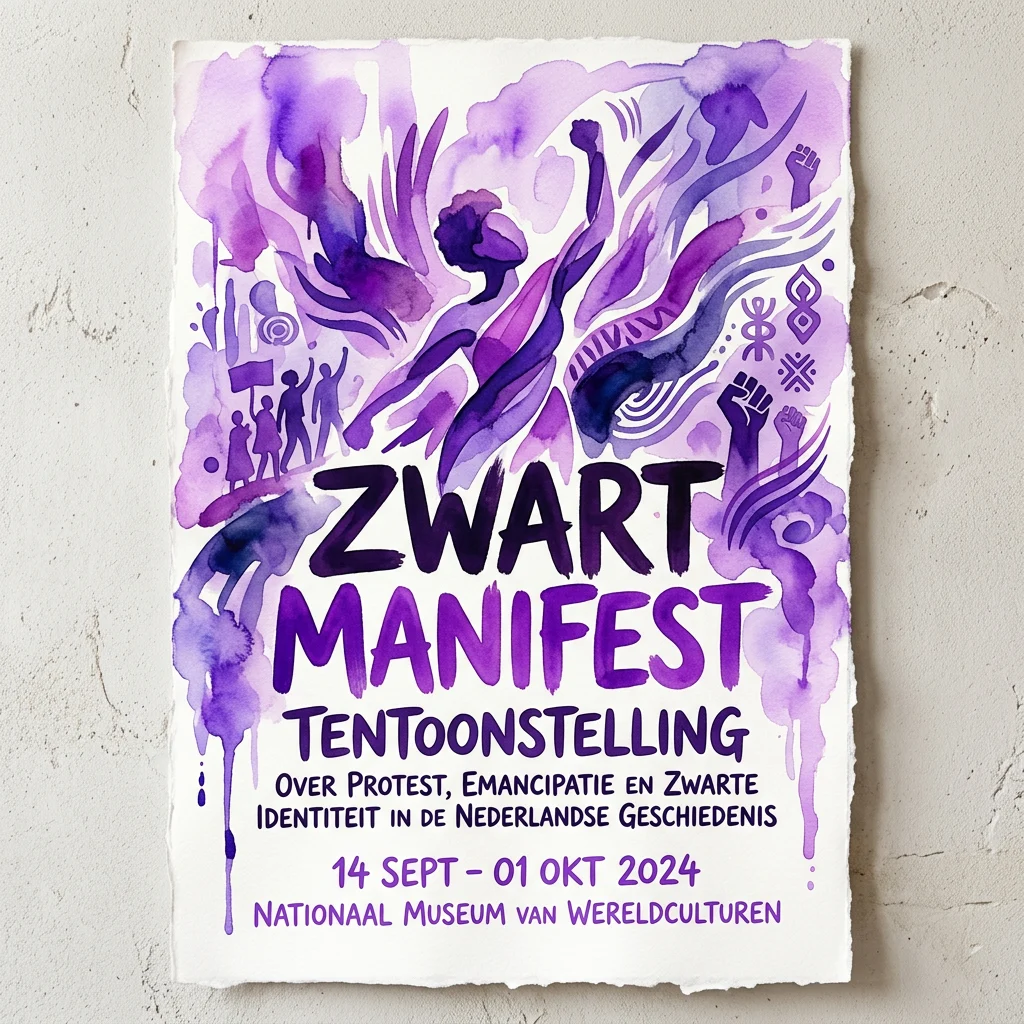 Póster de la exposición 'Zwart Manifest' en el National Museum of World Cultures, con audaz arte de acuarela morada con figuras, puños en alto y texto sobre protesta, emancipación e identidad negra en la historia neerlandesa.