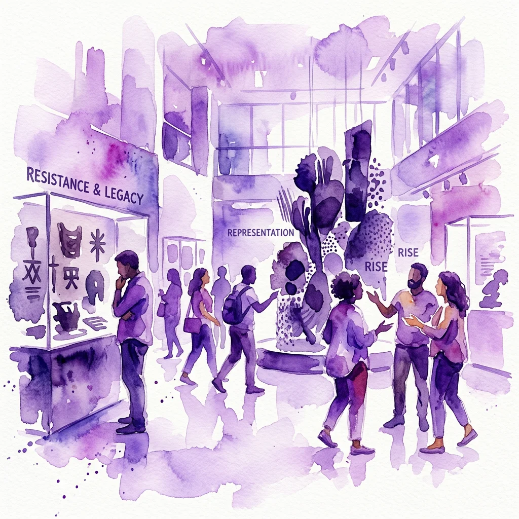 A watercolor illustration of diverse visitors exploring a museum exhibition titled 'Resistance & Legacy,' 'Representation,' and 'Rise,' featuring historical artifacts and contemporary art installations.