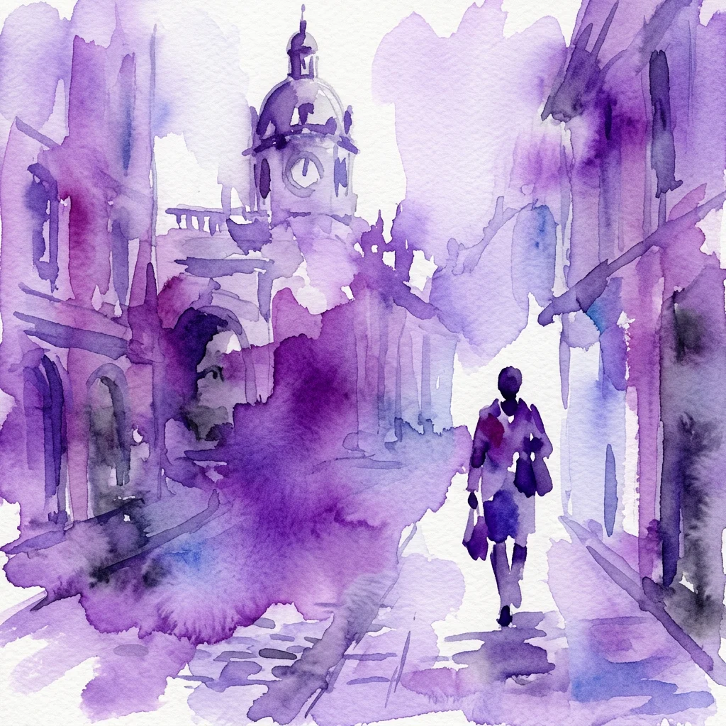 Una pintura de acuarela morada de una persona caminando por una calle de una ciudad europea con una torre de reloj al fondo, evocando temas de identidad y pertenencia.