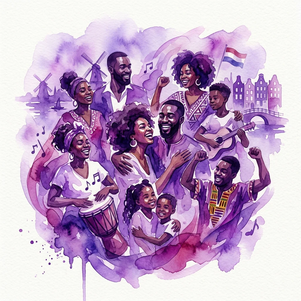 A vibrant watercolor illustration of diverse Black individuals in the Netherlands, celebrating cultural identity with music, community, and Dutch landmarks like windmills and canals, representing the BLACK exhibition.