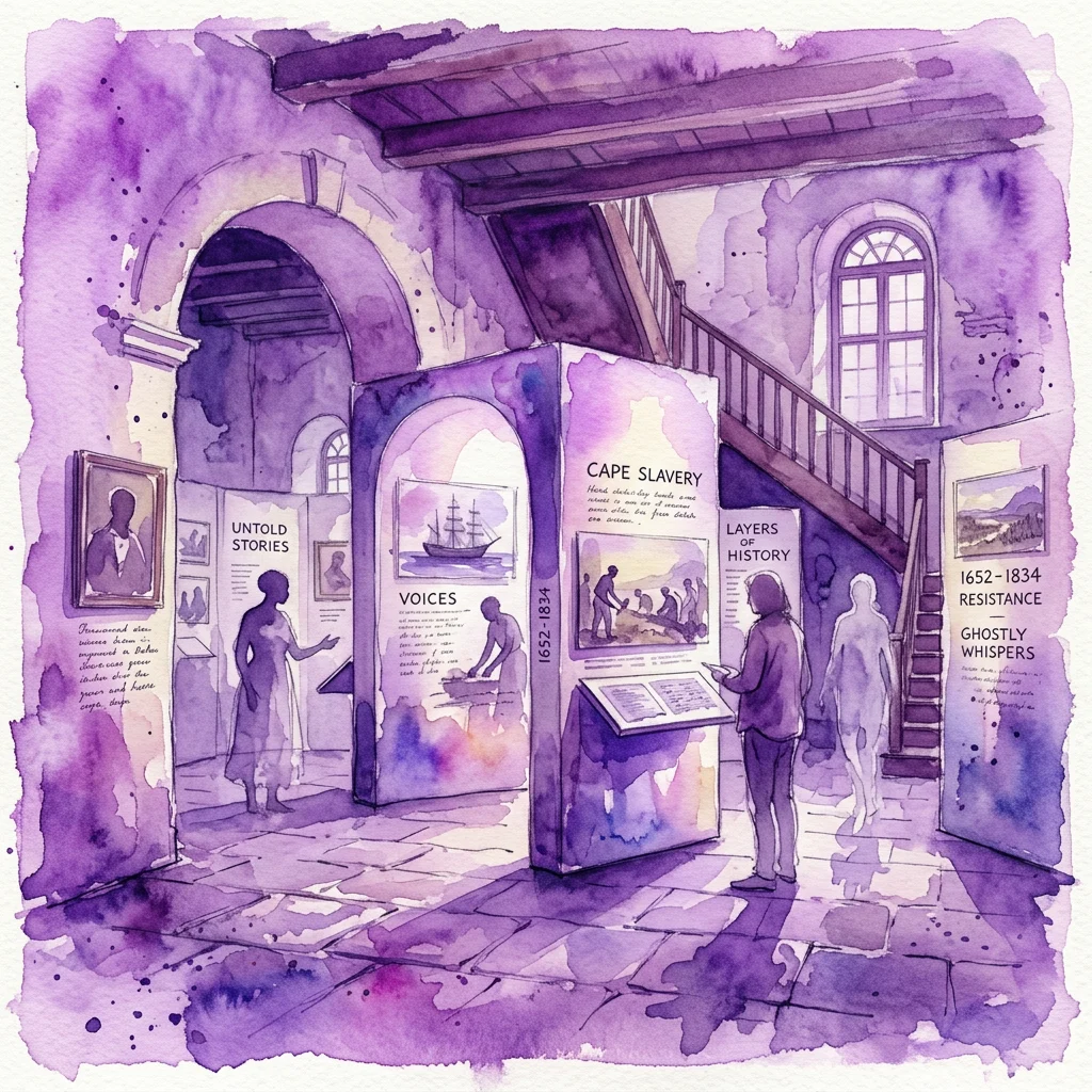 Una ilustración en acuarela de la exposición CAPE X NL: Susurros y Gritos en el Museo Camissa, con paneles de exhibición de tonos púrpuras sobre la esclavitud en el Cabo, historias no contadas y resistencia, mientras los visitantes exploran el histórico Castillo de Buena Esperanza.