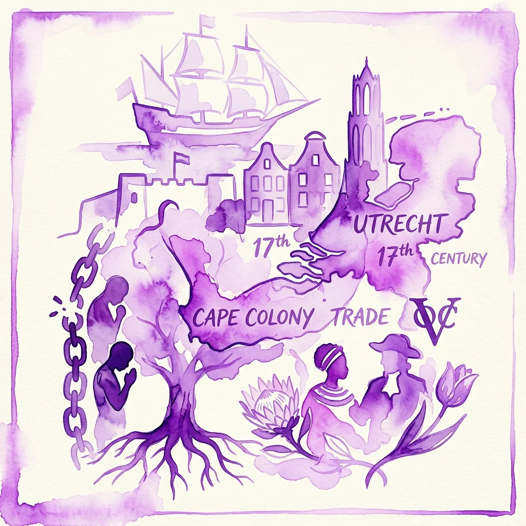 A purple watercolor illustration depicting the Cape Colony and Utrecht in the 17th century, featuring a ship, colonial architecture, chains, and figures symbolizing slavery and cultural exchange.