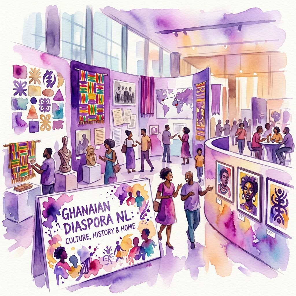 Una vibrante ilustración en acuarela de una exposición pop-up titulada 'Ghanaian Diaspora NL: Culture, History & Home', con visitantes explorando exhibiciones de arte, textiles y retratos en un espacio de galería moderno.