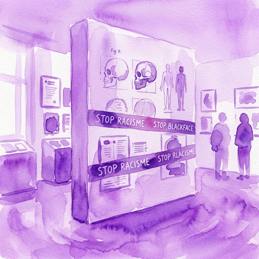 Una vista interior de la exposición 'Facing Blackness', que muestra una gran exhibición con documentos históricos y artefactos, incluyendo cráneos y figuras humanas, con el texto en negrita 'STOP RACISME' y 'STOP BLACKFACE' bajo una superposición de acuarela púrpura.